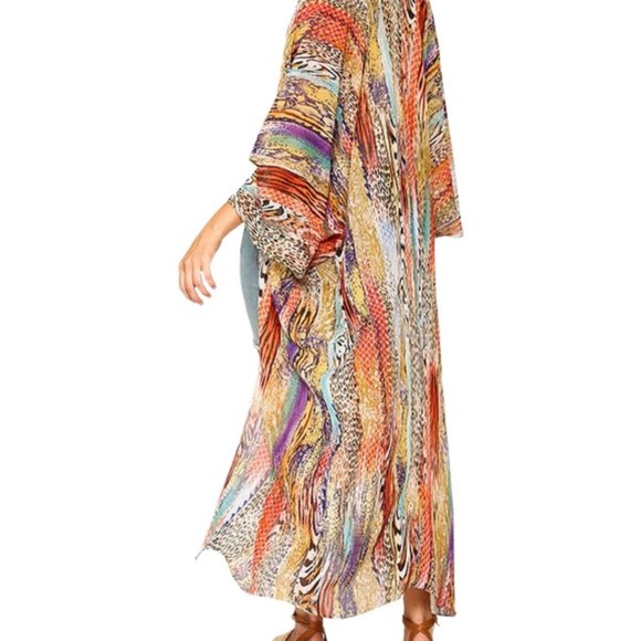 KIMONO Mix-Print Open Front Maxi Kimono Small - Picture 3 of 4